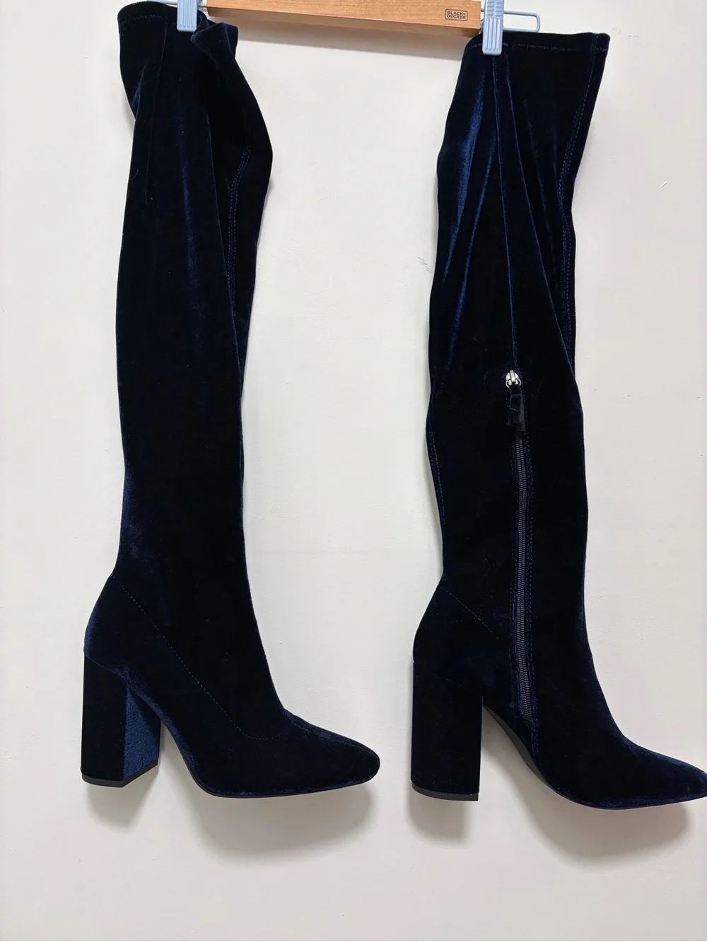 Zara Navy Velvet Over-the-Knee Block Heel Boots